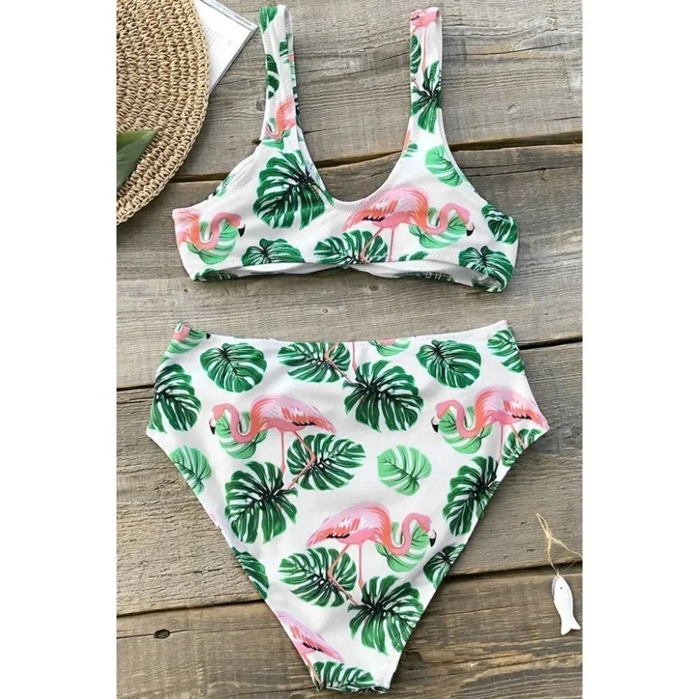 NEW White Green Flamingo Monstera Bikini Swim Set Size Small - Picture 3 of 10